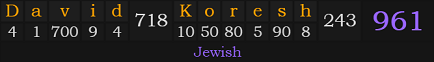 "David Koresh" = 961 (Jewish)