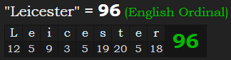 "Leicester" = 96 (English Ordinal)