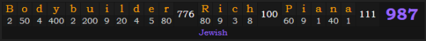 "Bodybuilder Rich Piana" = 987 (Jewish)