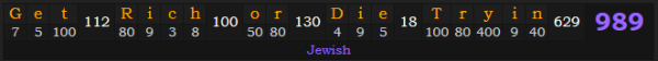 "Get Rich or Die Tryin'" = 989 (Jewish)