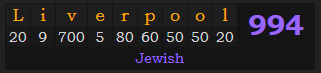 "Liverpool" = 994 (Jewish)