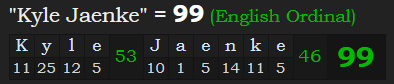 "Kyle Jaenke" = 99 (English Ordinal)