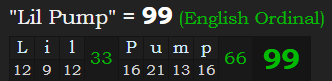 "Lil Pump" = 99 (English Ordinal)