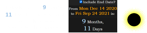 Today is a span of 9 months, 11 days after the 2020 Total solar eclipse, when the vaccine was first approved: