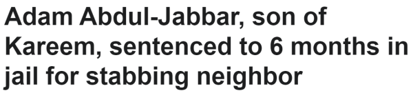 Adam Abdul-Jabbar, son of Kareem, sentenced to 6 months in jail for stabbing neighbor