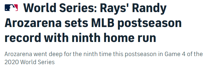 World Series: Rays' Randy Arozarena sets MLB postseason record with ninth home run