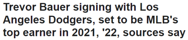 Trevor Bauer signing with Los Angeles Dodgers, set to be MLB's top earner in 2021, '22, sources say