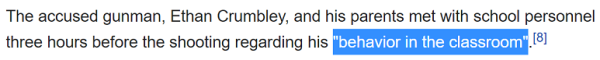 The accused gunman, Ethan Crumbley, and his parents met with school personnel three hours before the shooting regarding his "behavior in the classroom".