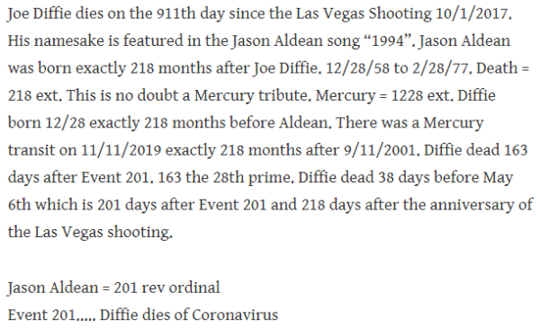 Joe Diffie dies on the 911th day since the Las Vegas Shooting 10/1/2017. His namesake is featured in the Jason Aldean song “1994”. Jason Aldean was born exactly 218 months after Joe Diffie. 12/28/58 to 2/28/77. Death = 218 ext. This is no doubt a Mercury tribute. Mercury = 1228 ext. Diffie born 12/28 exactly 218 months before Aldean. There was a Mercury transit on 11/11/2019 exactly 218 months after 9/11/2001. Diffie dead 163 days after Event 201. 163 the 28th prime. Diffie dead 38 days before May 6th which is 201 days after Event 201 and 218 days after the anniversary of the Las Vegas shooting. Jason Aldean = 201 rev ordinal Event 201….. Diffie dies of Coronavirus