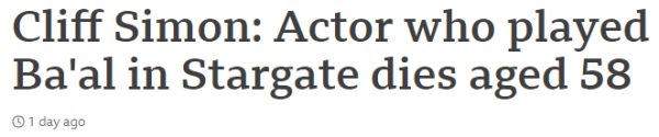 Cliff Simon: Actor who played Ba'al in Stargate dies aged 58