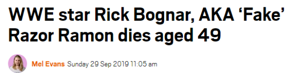 WWE star Rick Bognar, AKA ‘Fake’ Razor Ramon dies aged 49 Read more: https://metro.co.uk/2019/09/29/wwe-star-rick-bognar-aka-fake-razor-ramon-dies-aged-49-10827321/?ito=cbshare Twitter: https://twitter.com/MetroUK | Facebook: https://www.facebook.com/MetroUK/