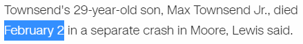 Townsend's 29-year-old son, Max Townsend Jr., died February 2 in a separate crash in Moore, Lewis said.