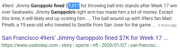 49ers' Jimmy Garoppolo fined $7,017 for throwing ball into stands after Week 17 win over Seahawks. Jimmy Garoppolo's right arm has made him a lot of money. Except this time, it will likely end up costing him.