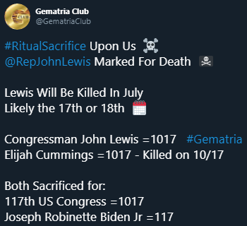 #RitualSacrifice Upon Us Skull and crossbones @RepJohnLewis Marked For Death Pirate flag Lewis Will Be Killed In July Likely the 17th or 18th Spiral calendar pad Congressman John Lewis =1017 #Gematria Elijah Cummings =1017 - Killed on 10/17 Both Sacrificed for: 117th US Congress =1017 Joseph Robinette Biden Jr =117