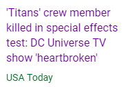 'Titans' crew member killed in special effects test: DC Universe TV show 'heartbroken'