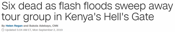 Six dead as flash floods sweep away tour group in Kenya's Hell's Gate