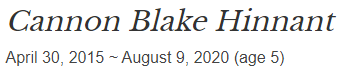 Cannon Blake Hinnant April 30, 2015 ~ August 9, 2020 (age 5)