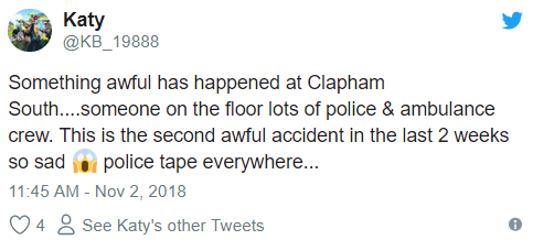 Something awful has happened at Clapham South....someone on the floor lots of police & ambulance crew. This is the second awful accident in the last 2 weeks so sad   police tape everywhere...