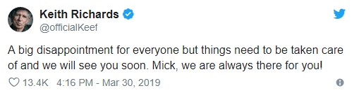 A big disappointment for everyone but things need to be taken care of and we will see you soon. Mick, we are always there for you!