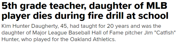 5th grade teacher, daughter of MLB player dies during fire drill at school