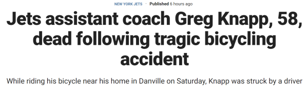 Jets assistant coach Greg Knapp, 58, dead following tragic bicycling accident