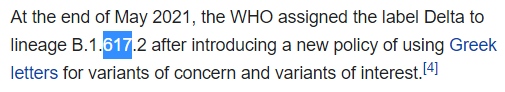 At the end of May 2021, the WHO assigned the label Delta to lineage B.1.617.2 after introducing a new policy of using Greek letters for variants of concern and variants of interest