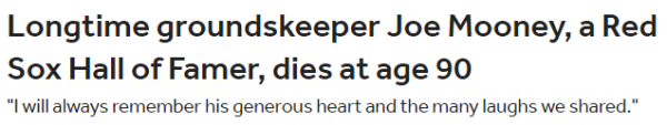 Longtime groundskeeper Joe Mooney, a Red Sox Hall of Famer, dies at age 90