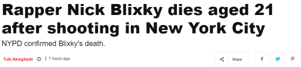 Rapper Nick Blixky dies aged 21 after shooting in New York City