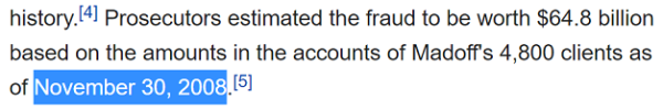 Prosecutors estimated the fraud to be worth $64.8 billion based on the amounts in the accounts of Madoff's 4,800 clients as of November 30, 2008