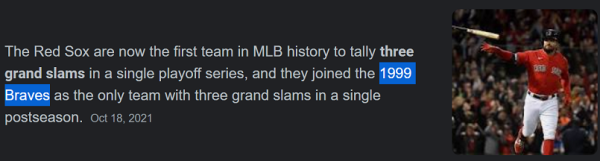 The Red Sox are now the first team in MLB history to tally three grand slams in a single playoff series, and they joined the 1999 Braves as the only team with three grand slams in a single postseason.