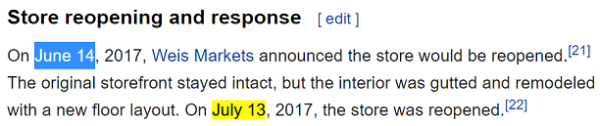 On June 14, 2017, Weis Markets announced the store would be reopened.[21] The original storefront stayed intact, but the interior was gutted and remodeled with a new floor layout. On July 13, 2017, the store was reopened