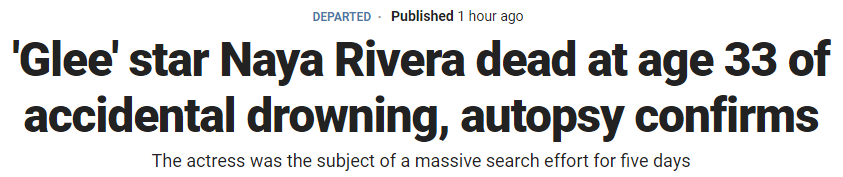 'Glee' star Naya Rivera dead at age 33 of accidental drowning, autopsy confirms