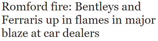 Romford fire: Bentleys and Ferraris up in flames in major blaze at car dealers