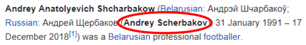 Andrey Anatolyevich Shcharbakow (Belarusian: Андрэй Шчарбакоў; Russian: Андрей Щербаков (Andrey Scherbakov); 31 January 1991 – 17 December 2018[1]) was a Belarusian professional footballer.