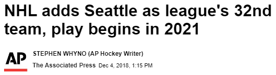 NHL adds Seattle as league's 32nd team, play begins in 2021