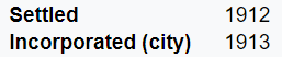 Settled in 1912, Incorporated in 1913