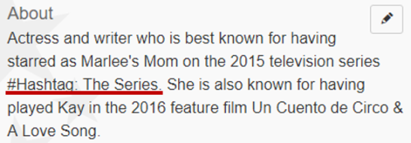 Best known for having starred as Marlee's Mom on the 2015 television series #Hashtag: The Series.