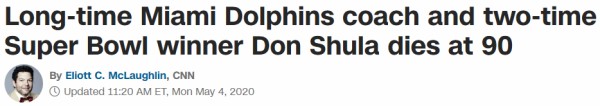 Long-time Miami Dolphins coach and two-time Super Bowl winner Don Shula dies at 90