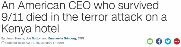 An American CEO who survived 9/11 died in the terror attack on a Kenya hotel