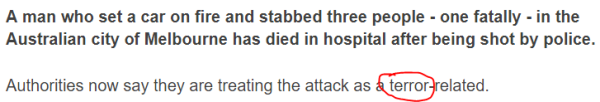 A man who set a car on fire and stabbed three people - one fatally - in the Australian city of Melbourne has died in hospital after being shot by police. Authorities now say they are treating the attack as a terror-related.