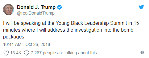 I will be speaking at the Young Black Leadership Summit in 15 minutes where I will address the investigation into the bomb packages.