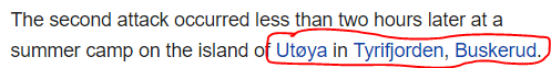 The second attack occurred less than two hours later at a summer camp on the island of Utøya in Tyrifjorden, Buskerud. 