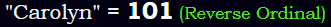 "Carolyn" = 101 (Reverse Ordinal)