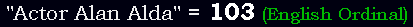 "Actor Alan Alda" = 103 (English Ordinal)