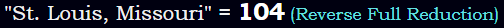 "St. Louis, Missouri" = 104 (Reverse Full Reduction)