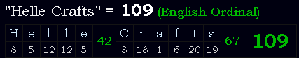 "Helle Crafts" = 109 (English Ordinal)