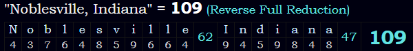 "Noblesville, Indiana" = 109 (Reverse Full Reduction)