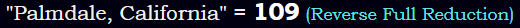 "Palmdale, California" = 109 (Reverse Full Reduction)