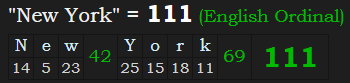 "New York" = 111 (English Ordinal)