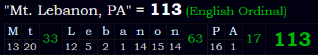 "Mt. Lebanon, PA" = 113 (English Ordinal)